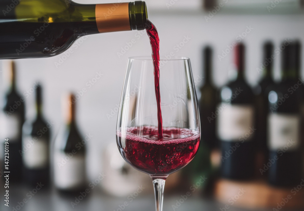Poster Red wine being poured into a glass, close up view with blurred bottles in the background.  A moment of relaxation and enjoyment. : Generative AI
