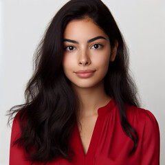 Studio headshot of a graceful young woman in red &ndash; professional and composed