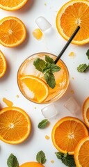 Refreshing orange drink with ice and mint