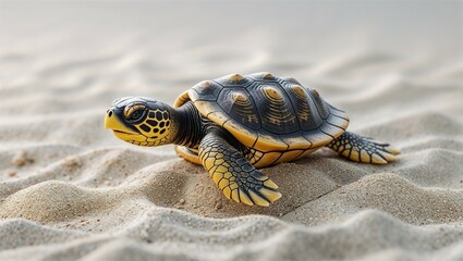 Obraz premium Photorealistic loggerhead turtle hatchling crawling on sand-textured surface, on white