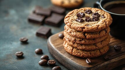 Chocolate chip cookies stacked on board with coffee, beans, and chocolate