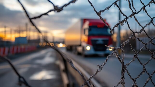 A semi-truck drives past a weathered chain-link fence at sunset, the blurry background suggesting a highway construction zone. : Generative AI