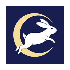 Elegant illustration of a white rabbit jumping over a crescent moon on a blue background