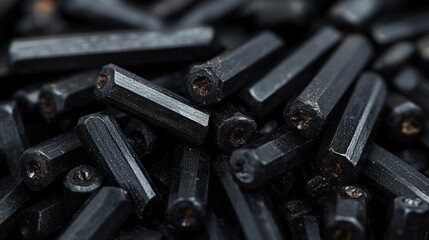 Black Hexagonal Rods Close-Up Industrial Component Manufacturing Background
