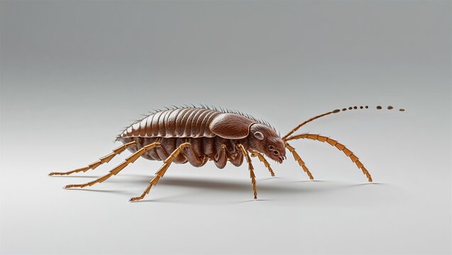 Photorealistic sarcoptes scabiei mite in crawling pose, legs and mouthparts shown on white