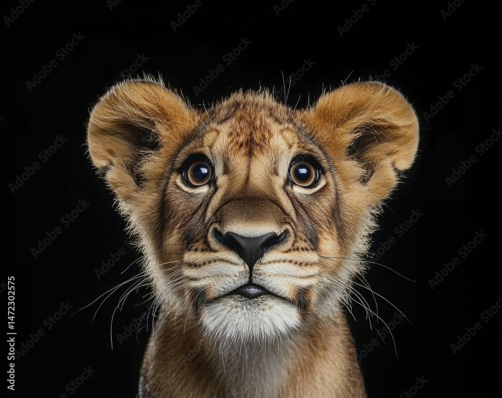 Poster a captivating portrait of a young lion cub, its large, expressive eyes gazing directly at the camera