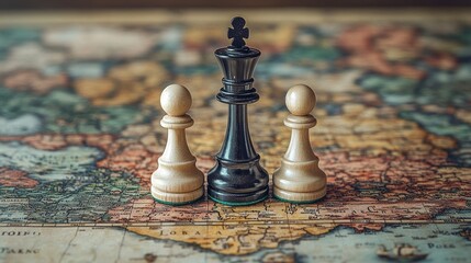 Black king chess piece flanked by two white pawns on antique world map