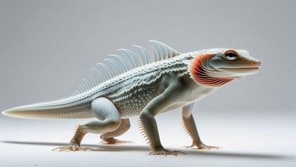 Fototapeta premium Side profile of axolotl with side gills flared, walking in shallow pose, on white background