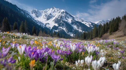 A valley in the Alps with crocuses and other spring flowers, snow-capped mountains in the background 