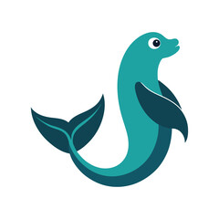 Cartoon illustration of a playful seal in shades of teal and dark blue on white background