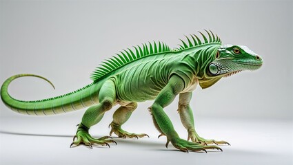Fototapeta premium Side profile of green iguana walking with limbs extended, tail curved on white background