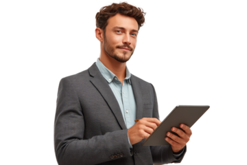 [Transparent Background PNG]Businessman Using Digital Tablet Portrait