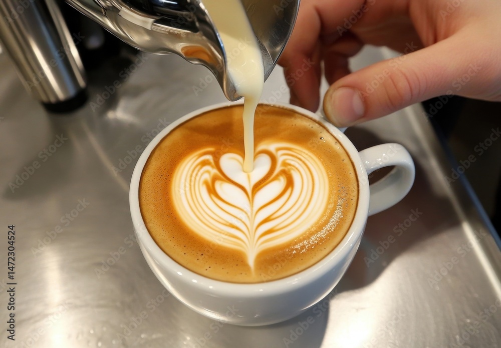 Aufkleber barista pouring milk into a cup of latte art, creating a heart-shaped design on the coffee's surface