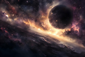 Obraz premium Breathtaking View of Cosmic Landscape with Dark Planet and Stars