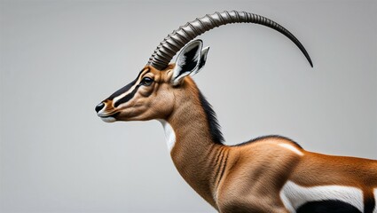 Side profile of springbok antelope with arched back and horns pointed back, on white