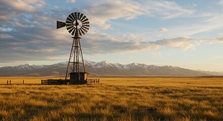Windmill in Golden Field with Mountains at Sunset Landscape