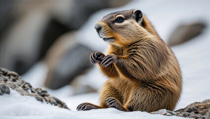 Side view of alpine marmot sitting with forepaws together, thick fur visible on white