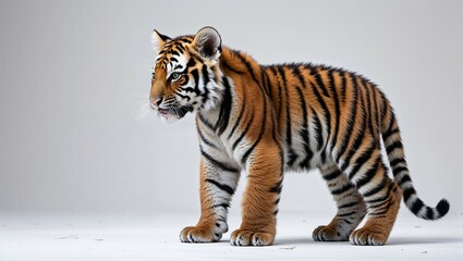 Obraz premium Side view of Bengal tiger cub standing upright, full coat detail visible on white