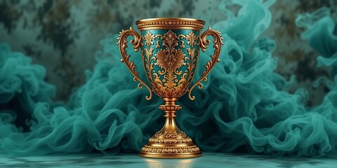 Golden Trophy Cup with Elaborate Design, Teal Smoke Effect