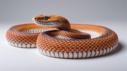 Fototapeta premium Side view of coral snake coiled loosely with bright banding, head lifted, on white