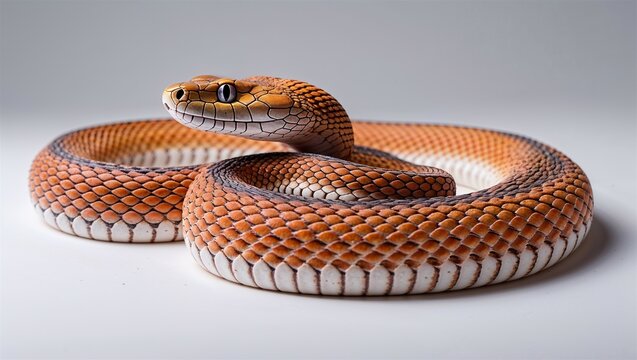 Side view of coral snake coiled loosely with bright banding, head lifted, on white