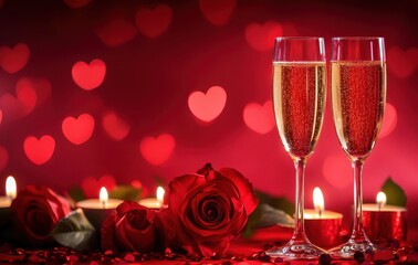 Romantic celebration with two glasses of champagne, red roses, candles, and heart-shaped bokeh background for love and special occasions