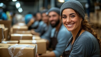Fototapeta premium Smiling warehouse worker engaged in packing process with colleagues in background
