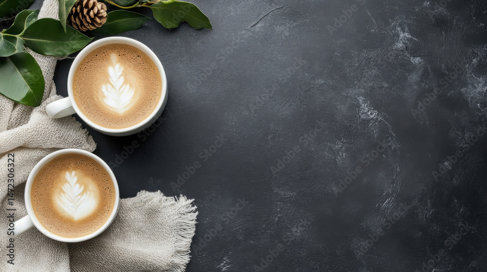 Poster two cups of latte art coffee on dark textured surface with linen cloth and pine cone, creating a coz