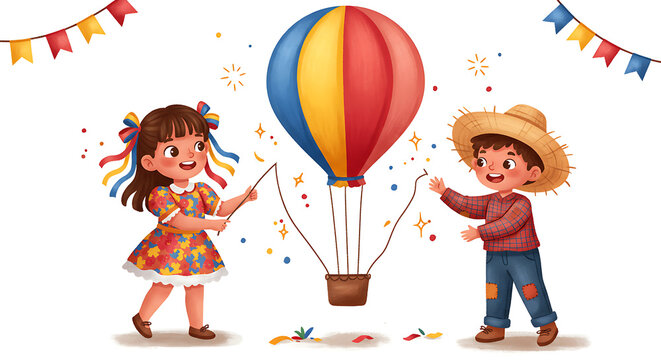 Crian&ccedil;as Soltando Bal&atilde;o de Papel Colorido &ndash; Fundo Branco