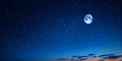Fototapeta premium A Bright Full Moon Illuminates a Starry Night Sky Over the Horizon