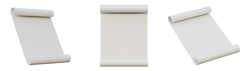 Set of blank paper scrolls isolated on background. Set of rolled up paper maps. Unrolled map paper sheet template isolated. 3d illustration of blank maps.