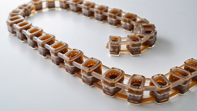 Side view of salp colony chain with individual units connected, floating on white