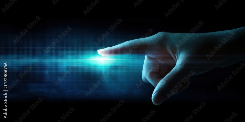 Poster a fingertip gently touches a vibrant, glowing blue digital interface, showcasing futuristic technolo