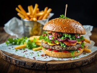 Gourmet Burger and Fries with Fresh Produce