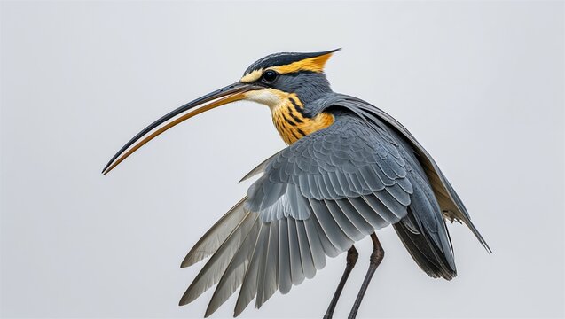 Side view of sunbittern with wings folded and long beak extended, isolated on white