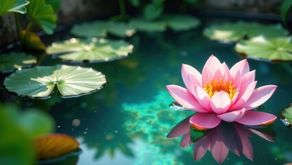 A serene pink water lily blossom floats gently on a tranquil pond, its reflection mirrored in the still water, surrounded by lush green lily pads, creating a peaceful and calming natural scene.