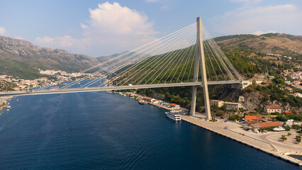 Aerial view of Franjo Tuđman Bridge, a cable-stayed bridge, engineering work built for transportation and travel, near the port of Dubrovnik in Croatia