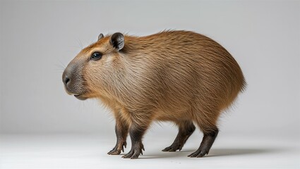 Fototapeta premium Standing capybara with full body and feet visible, side profile on white background