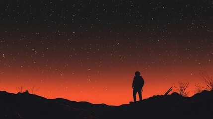 Fototapeta premium Solitary silhouette contemplates the cosmos under a fiery twilight sky landscape