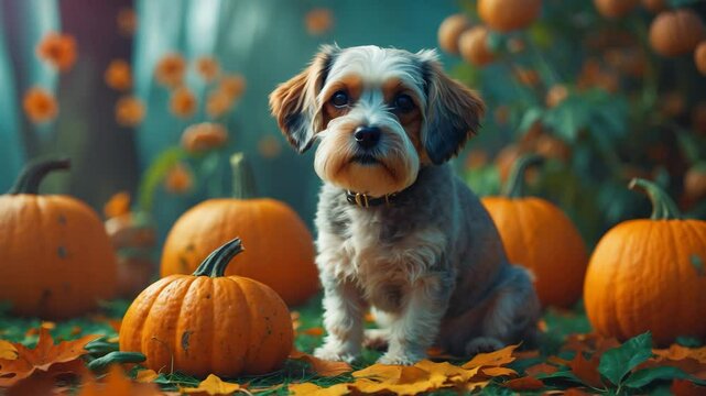 charming dog in front of setting