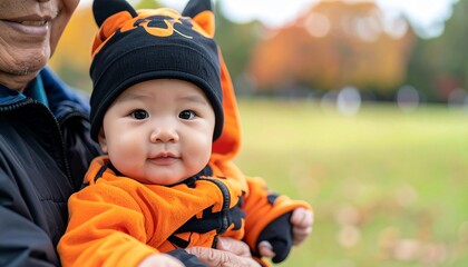 Cute baby in an orange Halloween costume and hat being held by grandfather outdoors. Celebrating Halloween in a park setting.