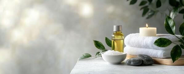 Spa treatment scene with aromatic oil, bath salts, candles, and towels, creating a relaxing and tranquil atmosphere. : Generative AI