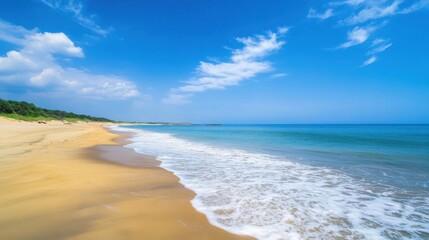 Obraz premium Serene coastal scene: golden sand beach meets turquoise ocean under a vibrant blue sky with fluffy white clouds. Tranquil summer day at the shore. : Generative AI