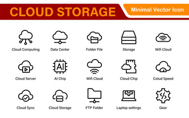 Cloud Storage Backup Icon Set – Minimal Outline Vector Illustrations for Secure Data, Sync, Upload, and File Protection – Modern Line Icons