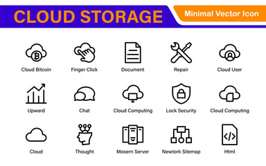 Cloud Storage Backup Icon Set – Minimal Outline Vector Illustrations for Secure Data, Sync, Upload, and File Protection – Modern Line Icons