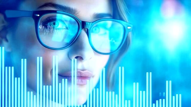 Womans face with chart reflections in glasses