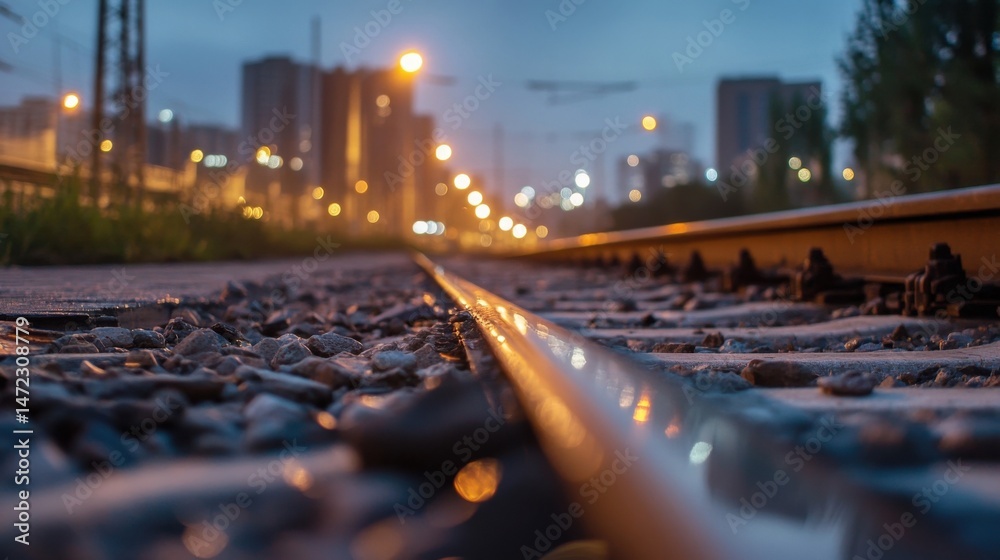 Poster Close-up view of a train track at twilight, with city lights blurred in the background, creating a serene and slightly melancholic atmosphere. : Generative AI