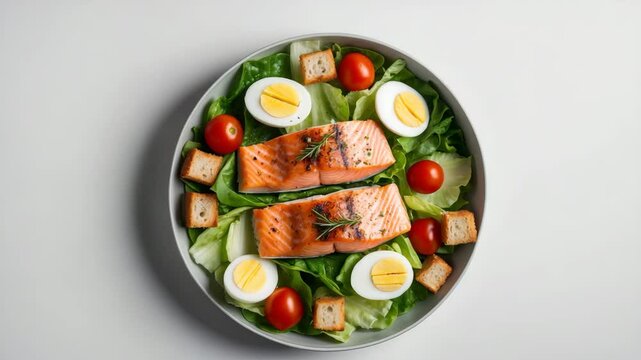 Savory salmon Caesar salad seen from above. Appetizing seafood starter with fish.
