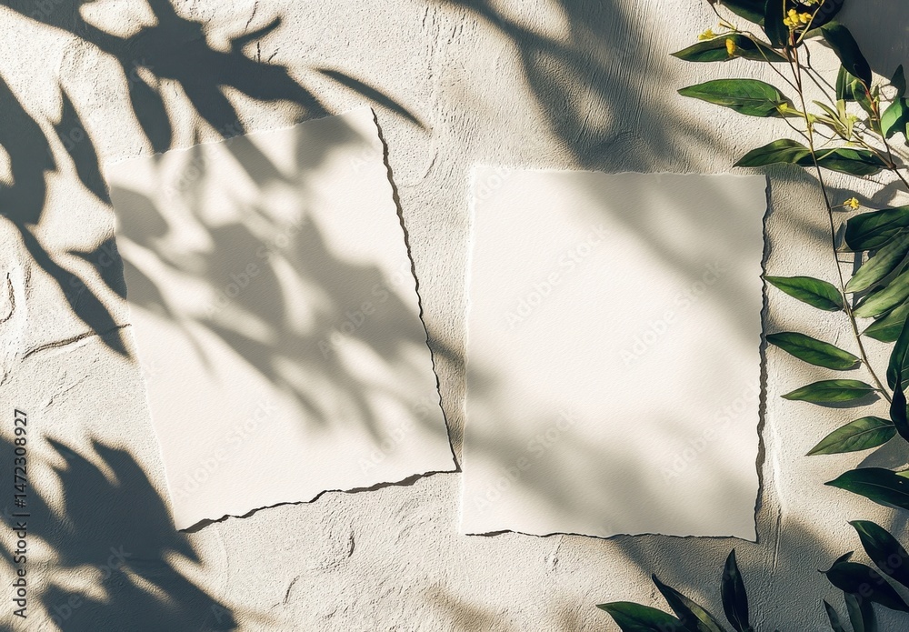 Poster two blank, textured paper cards rest on a light grey wall, adorned with dappled leaf shadows and a s