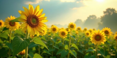 Obraz premium A vibrant field of sunflowers basking in the golden sunlight of a summer morning, with one sunflower prominently featured in the foreground.